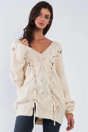 Beige Cable Knit Draw String Self Tie V-Neck Long Sleeve Oversized Sweater /4-2