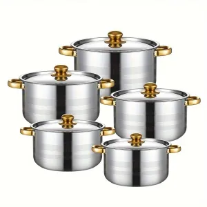 10-Piece Stainless Steel Saucepan Set with Lids - Premium Induction-Ready, Dishwasher Safe, Double-Handled Cookware for Soup, Stew, Pasta, and Seafood - Multipurpose, Space-Saving, and Durable Cookset for Home, Dorm, and Camping Adventures