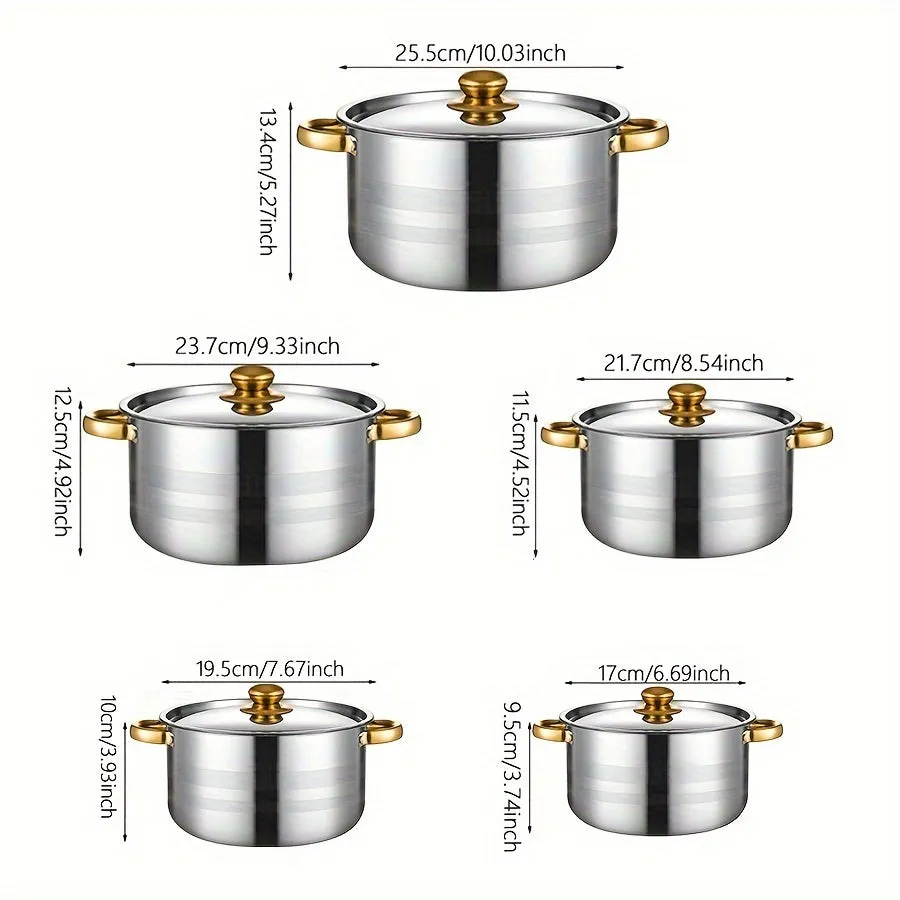 10-Piece Stainless Steel Saucepan Set with Lids - Premium Induction-Ready, Dishwasher Safe, Double-Handled Cookware for Soup, Stew, Pasta, and Seafood - Multipurpose, Space-Saving, and Durable Cookset for Home, Dorm, and Camping Adventures