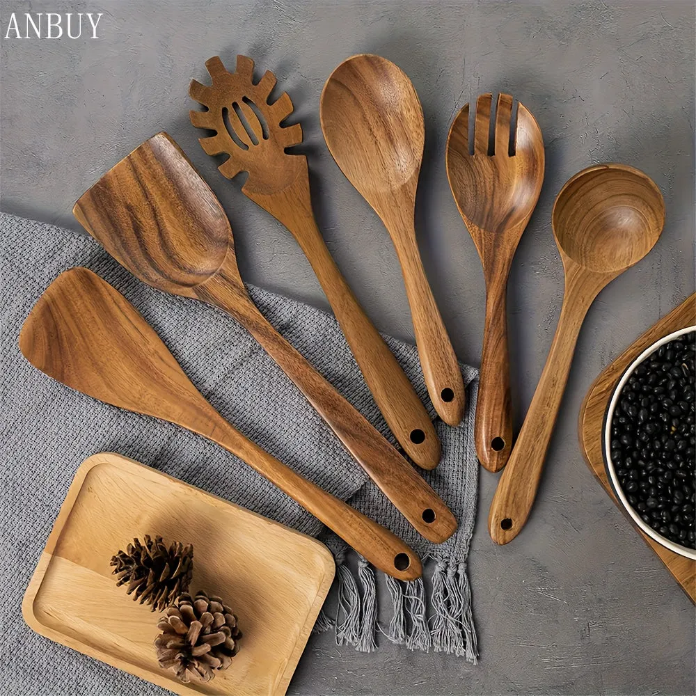 10pcs Wooden Spoons For Cooking, Teak Wood Kitchen Utensils Set For Non Stick Use, Spatula Set For Stirring, Baking, Non Stick Wooden Utensils For Kitchen