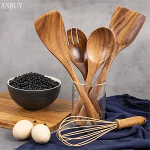 10pcs Wooden Spoons For Cooking, Teak Wood Kitchen Utensils Set For Non Stick Use, Spatula Set For Stirring, Baking, Non Stick Wooden Utensils For Kitchen