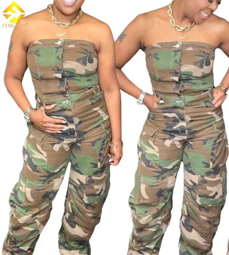 2023 Street Wear Fashion Unique Baggy Strapless Pocket Button Down Cargo Pants Camo Jumpsuit Women