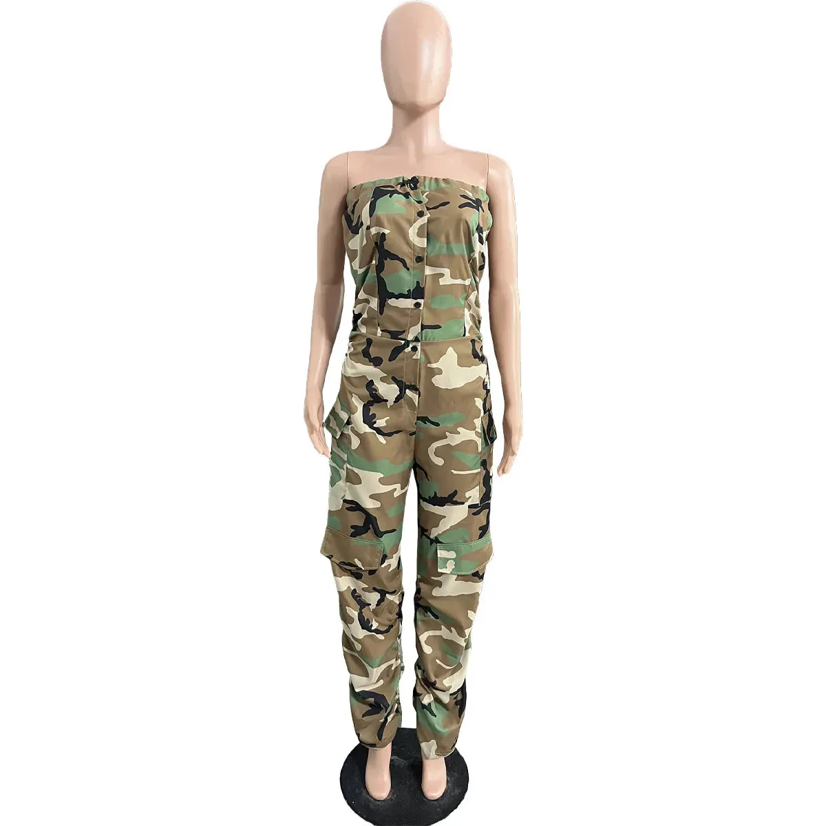 2023 Street Wear Fashion Unique Baggy Strapless Pocket Button Down Cargo Pants Camo Jumpsuit Women