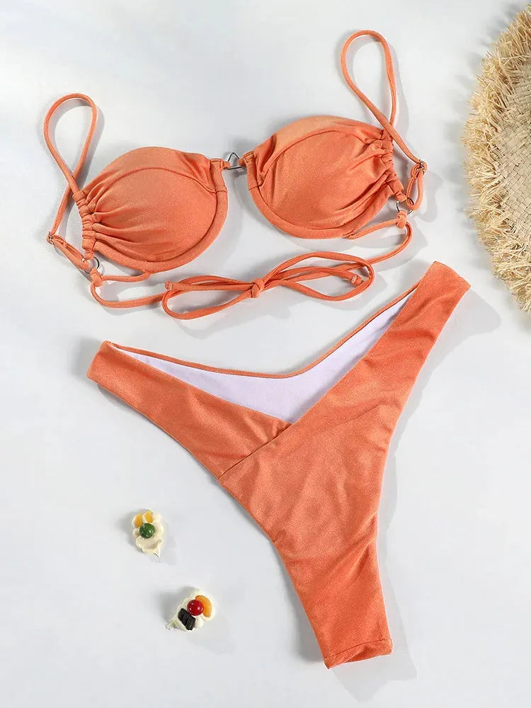 2024 New Solid Swimwear Bikinis Set Summer Beachwear Bathing Suit For Female Swimsuit