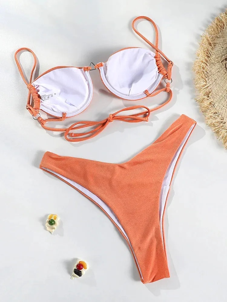 2024 New Solid Swimwear Bikinis Set Summer Beachwear Bathing Suit For Female Swimsuit