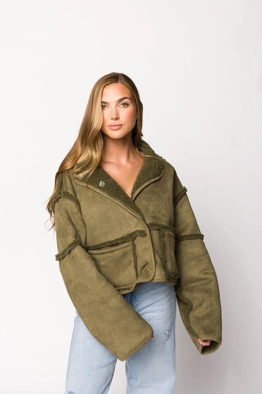 Abby Sherpa and Suede Reversible Jacket in Olive