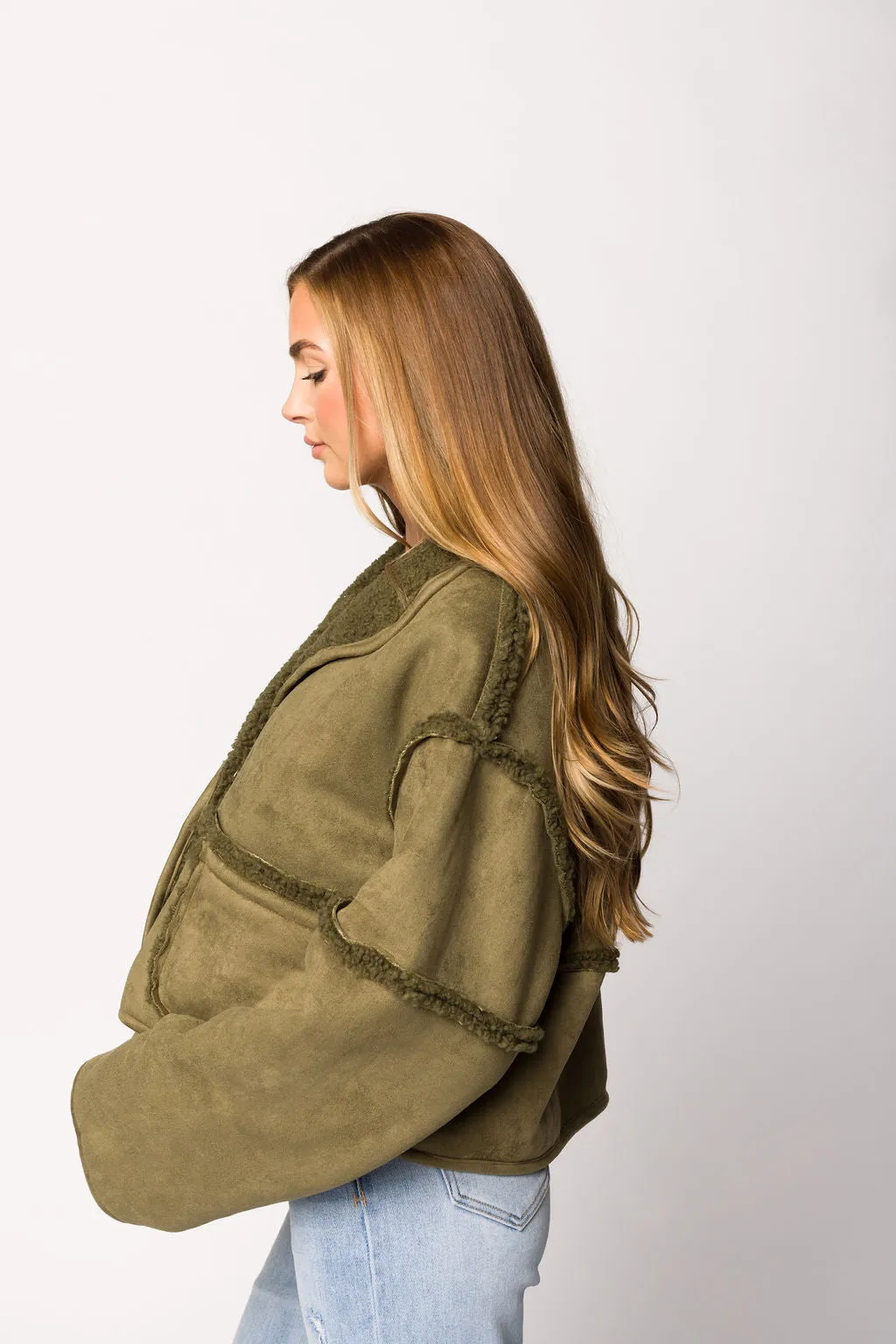 Abby Sherpa and Suede Reversible Jacket in Olive