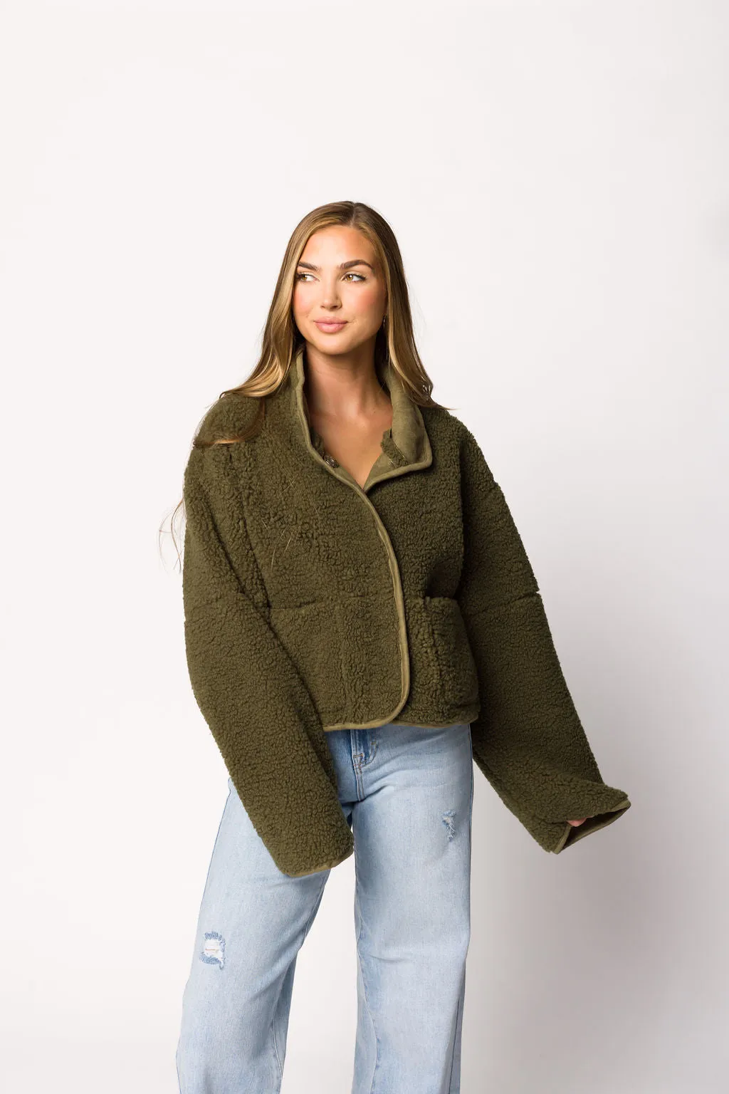 Abby Sherpa and Suede Reversible Jacket in Olive