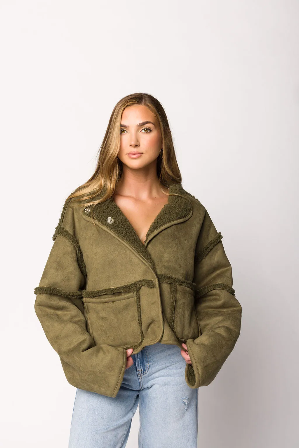 Abby Sherpa and Suede Reversible Jacket in Olive