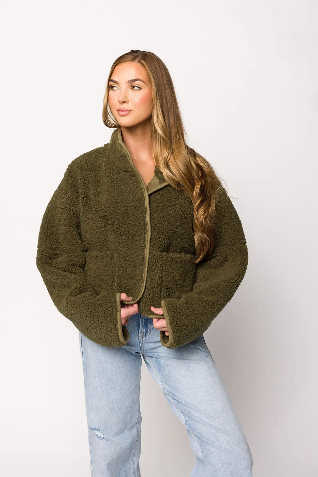 Abby Sherpa and Suede Reversible Jacket in Olive