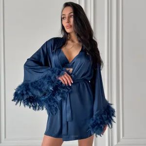 Autumn Loose Comfortable Feather Sleeve Homewear Underwear Shorts Nightgown Three Piece Pajamas Women