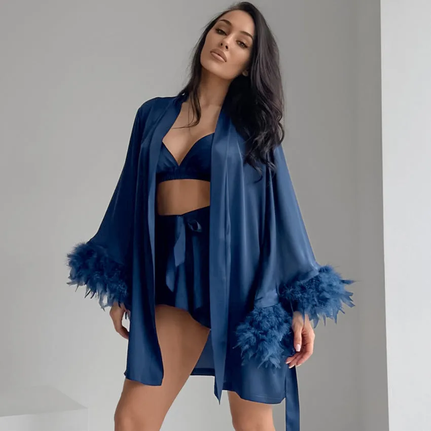 Autumn Loose Comfortable Feather Sleeve Homewear Underwear Shorts Nightgown Three Piece Pajamas Women