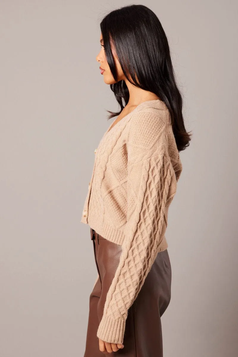 Beige Cable Knit Cardigan Long Sleeve V Neck