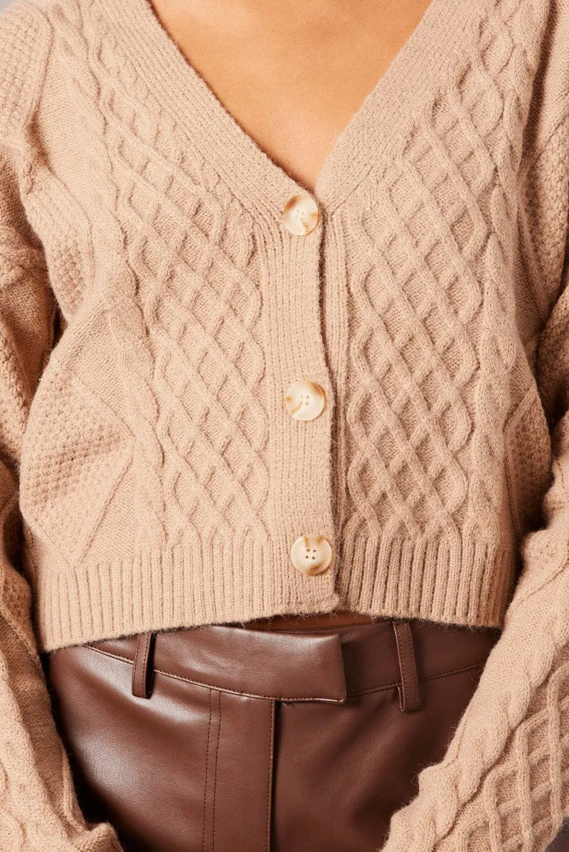 Beige Cable Knit Cardigan Long Sleeve V Neck