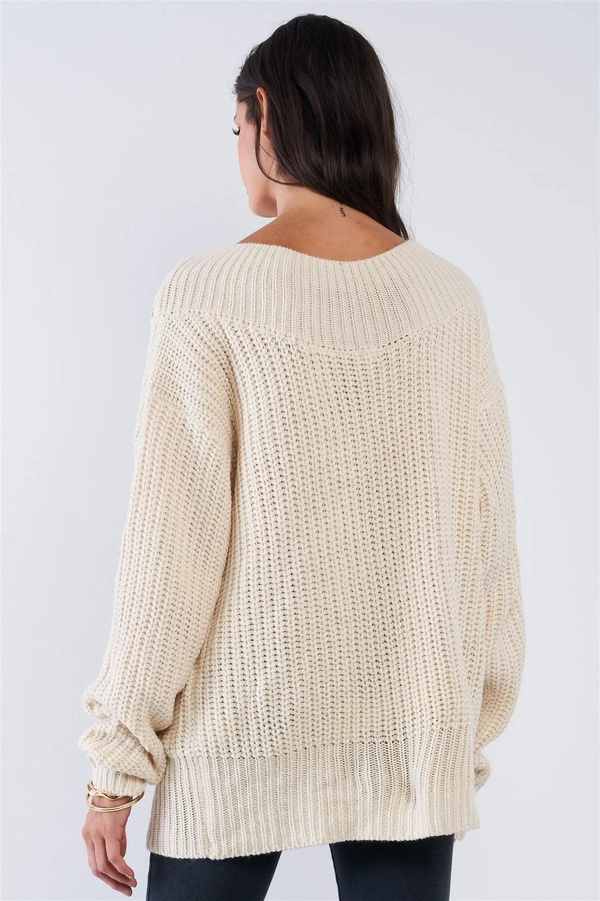 Beige Cable Knit Draw String Self Tie V-Neck Long Sleeve Oversized Sweater /4-2