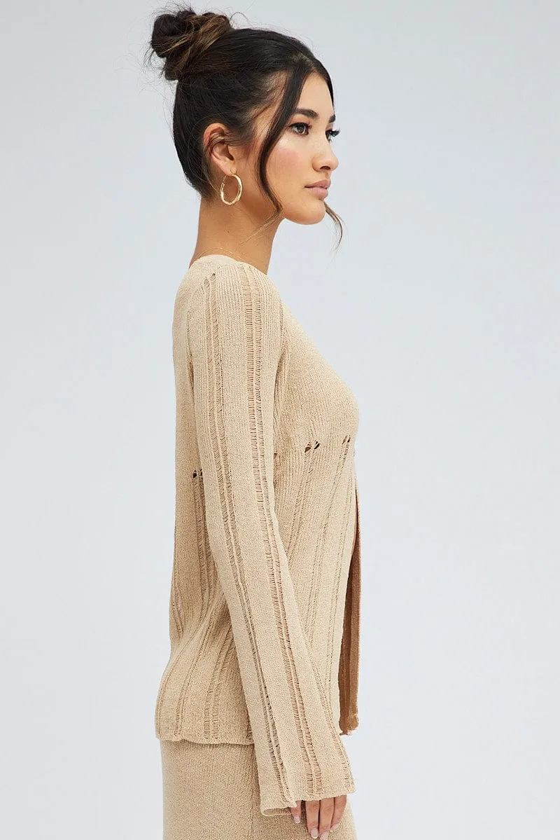 Beige Cardigan Long Sleeve V Neck Button Ladder Knitted