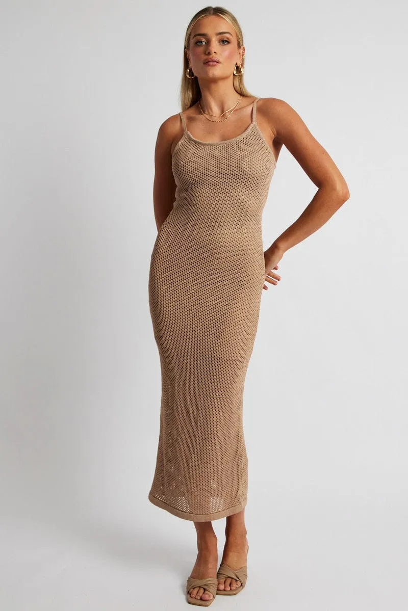 Beige Knit Midi Dress Sleeveless