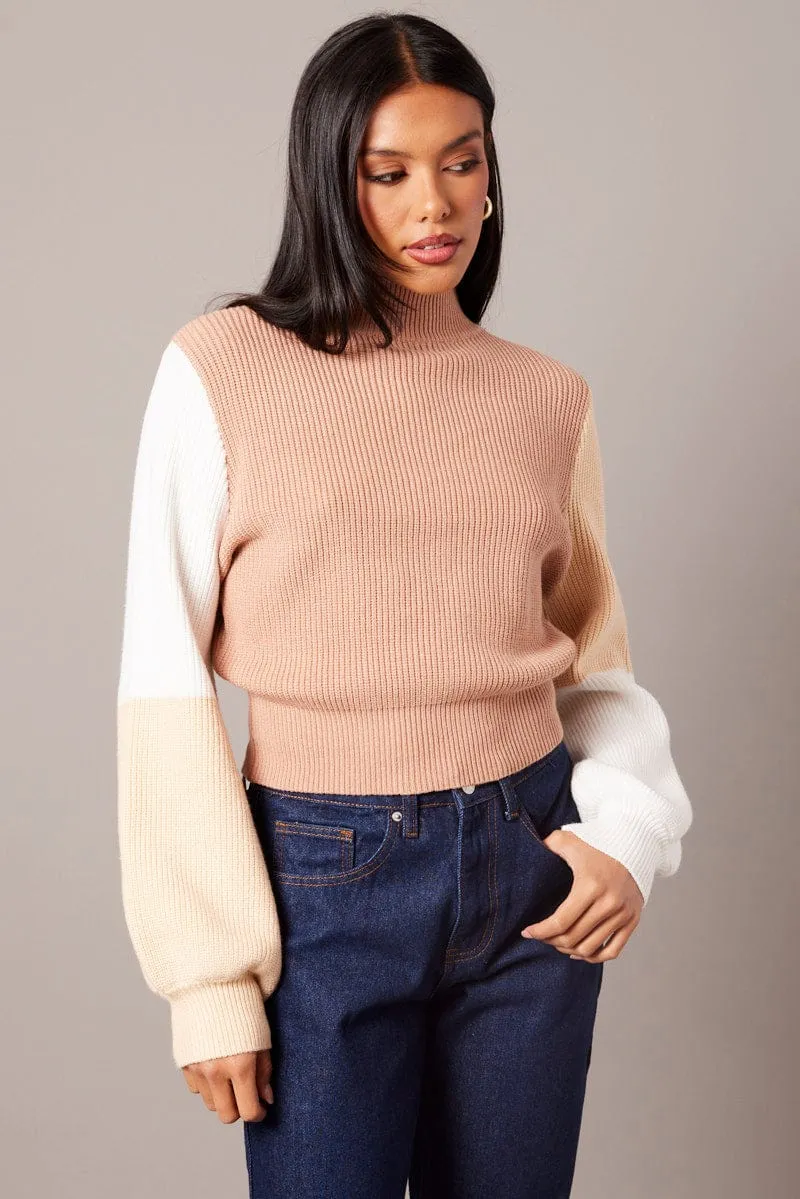 Beige Knit Top Long Sleeve Color Block