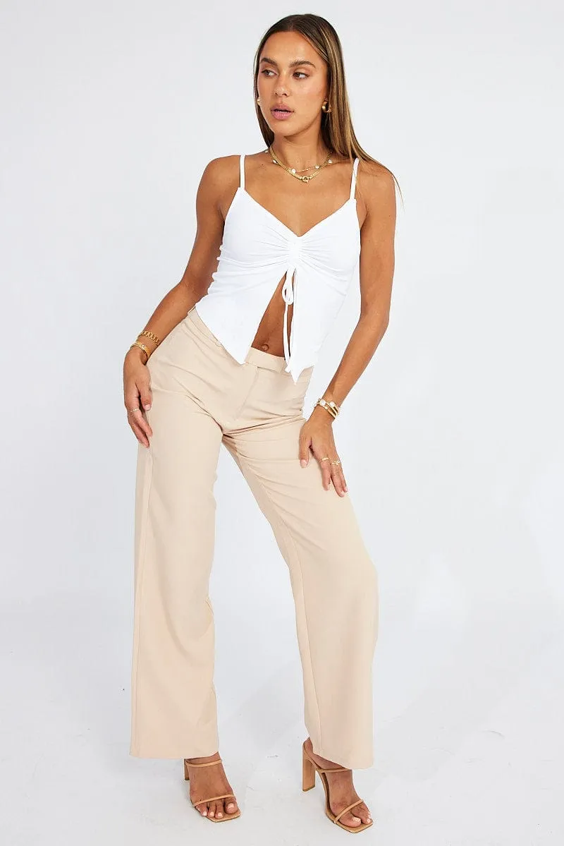 Beige Straight Fit Pants Mid Rise