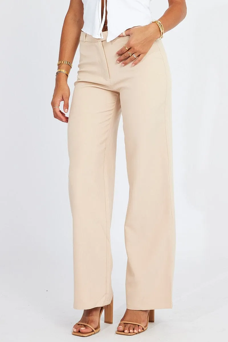 Beige Straight Fit Pants Mid Rise