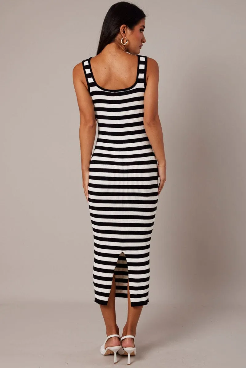 Beige Stripe Knit Midi Dress Sleeveless Scoop Neck Bodycon Rib