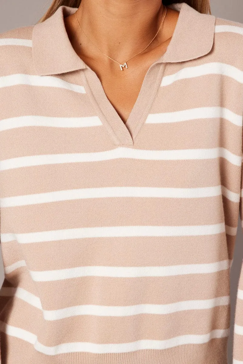 Beige Stripe Knit Top Long Sleeve Collar