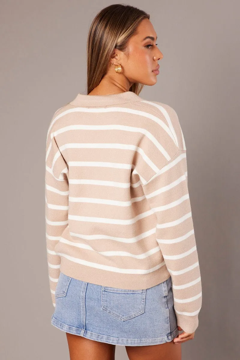 Beige Stripe Knit Top Long Sleeve Collar