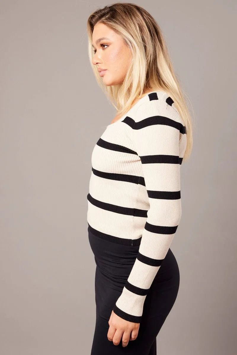 Beige Stripe Knit Top Long Sleeve Scoop Neck