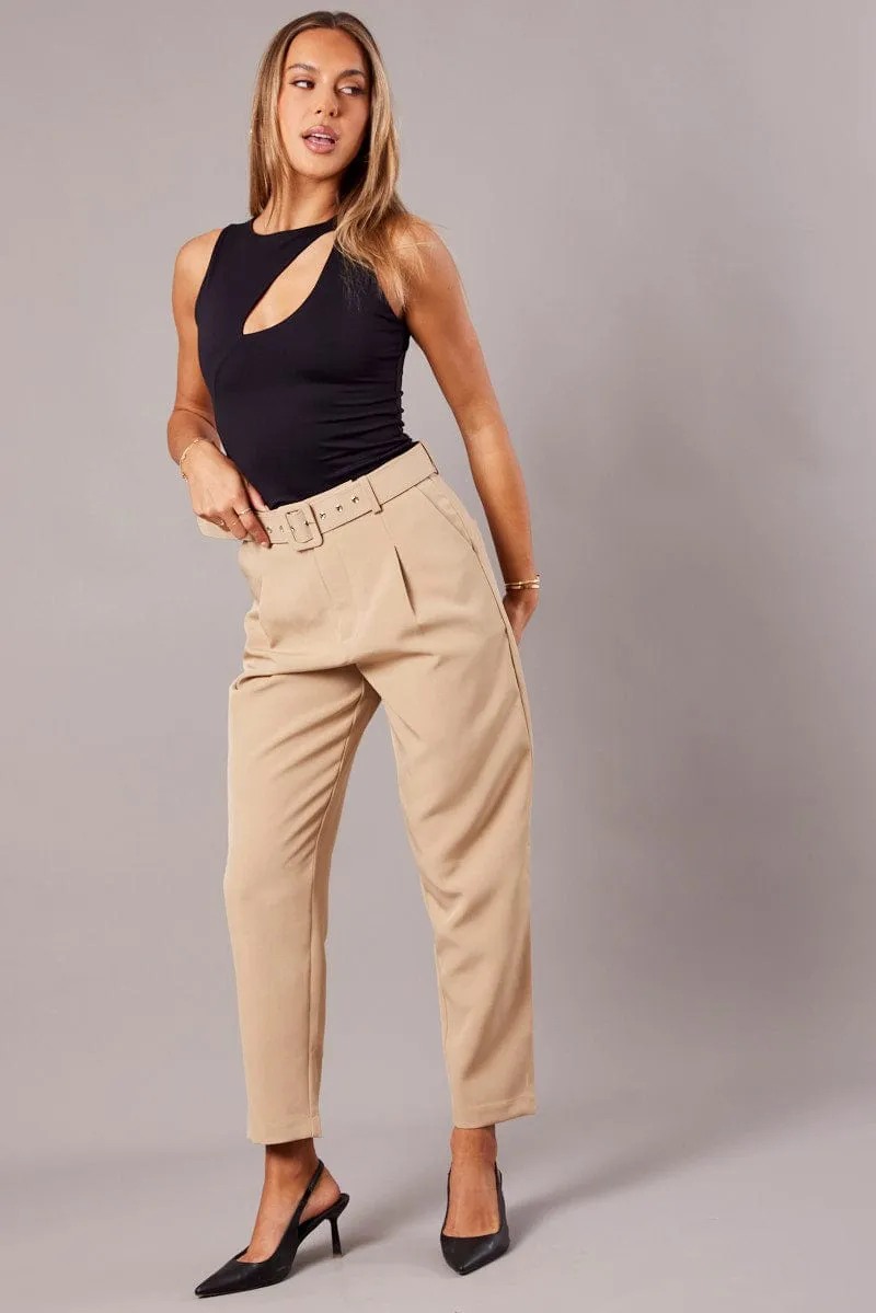 Beige Tapered Pants High Rise Belted