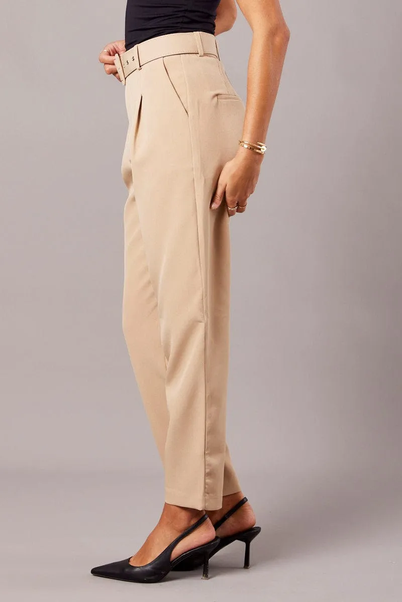 Beige Tapered Pants High Rise Belted