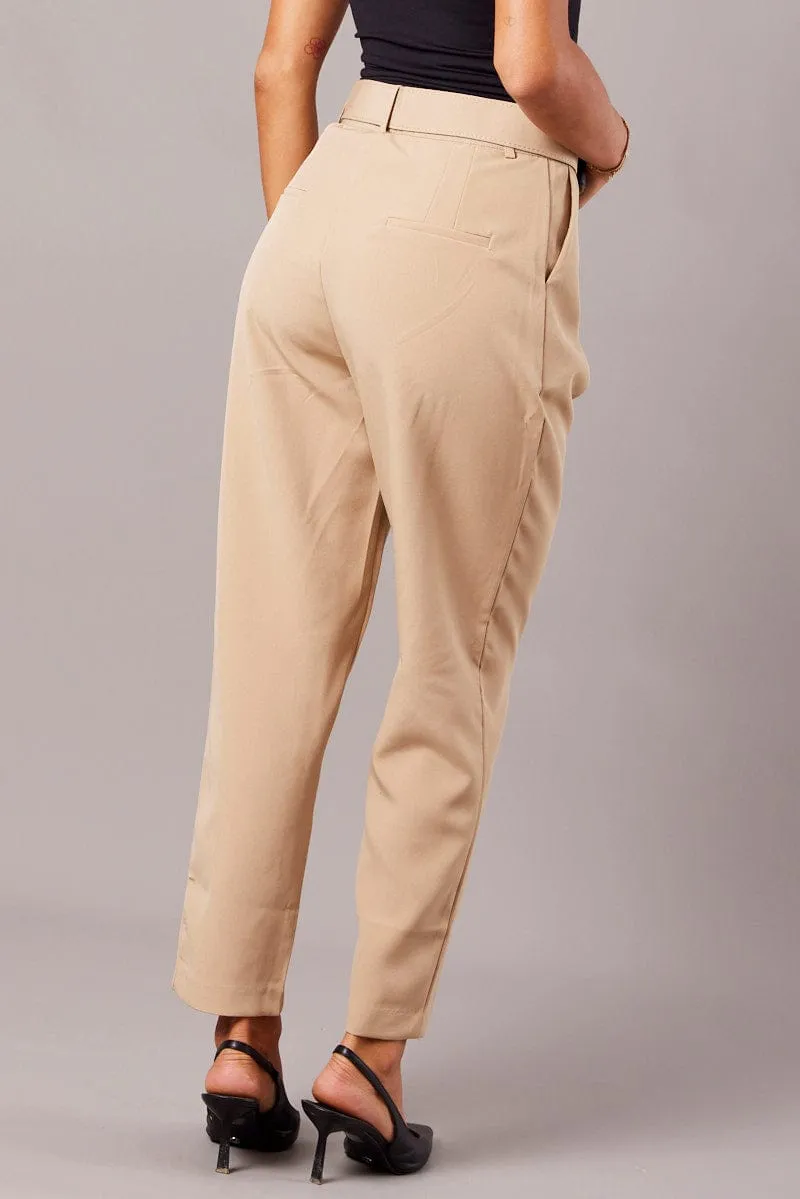 Beige Tapered Pants High Rise Belted