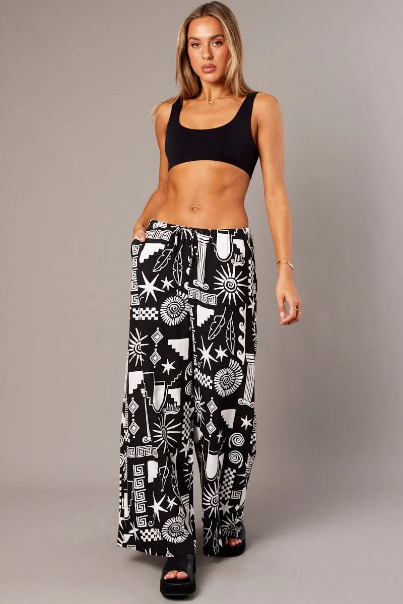 Black Abstract Wide Leg Pants High Rise