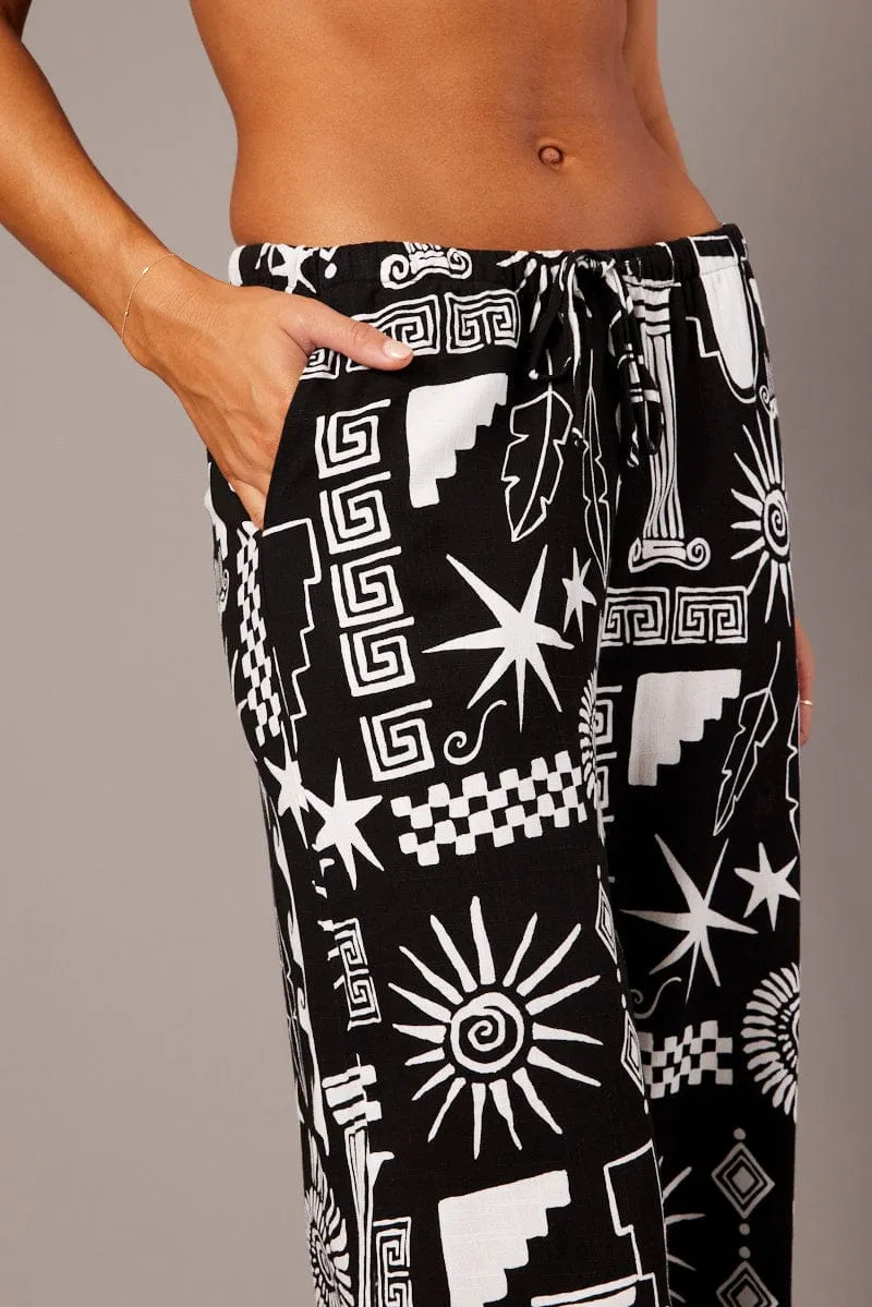 Black Abstract Wide Leg Pants High Rise