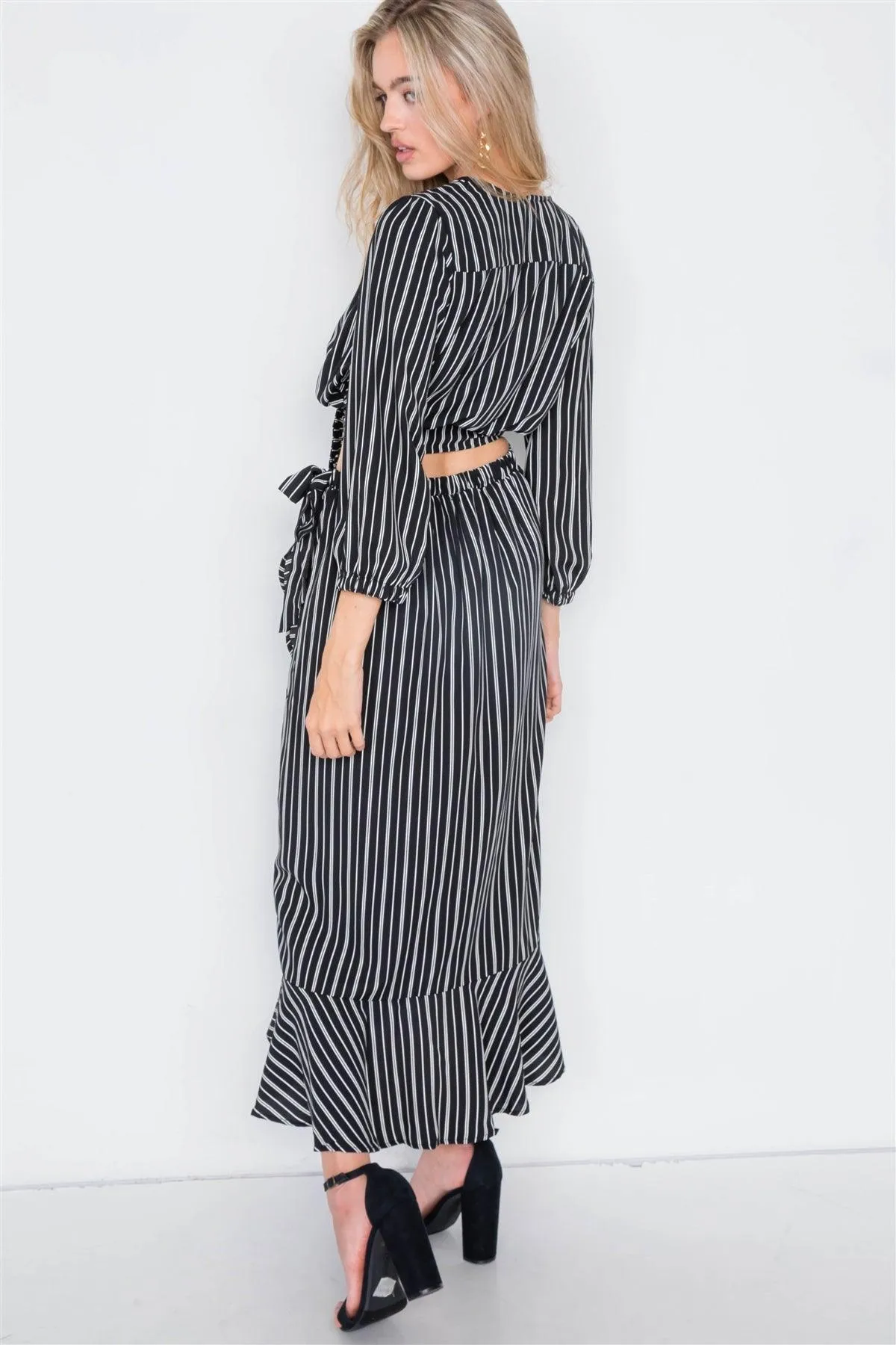 Black & White Stripe Crop V-Neck & Mock Wrap Midi Skirt Set /2-2-2