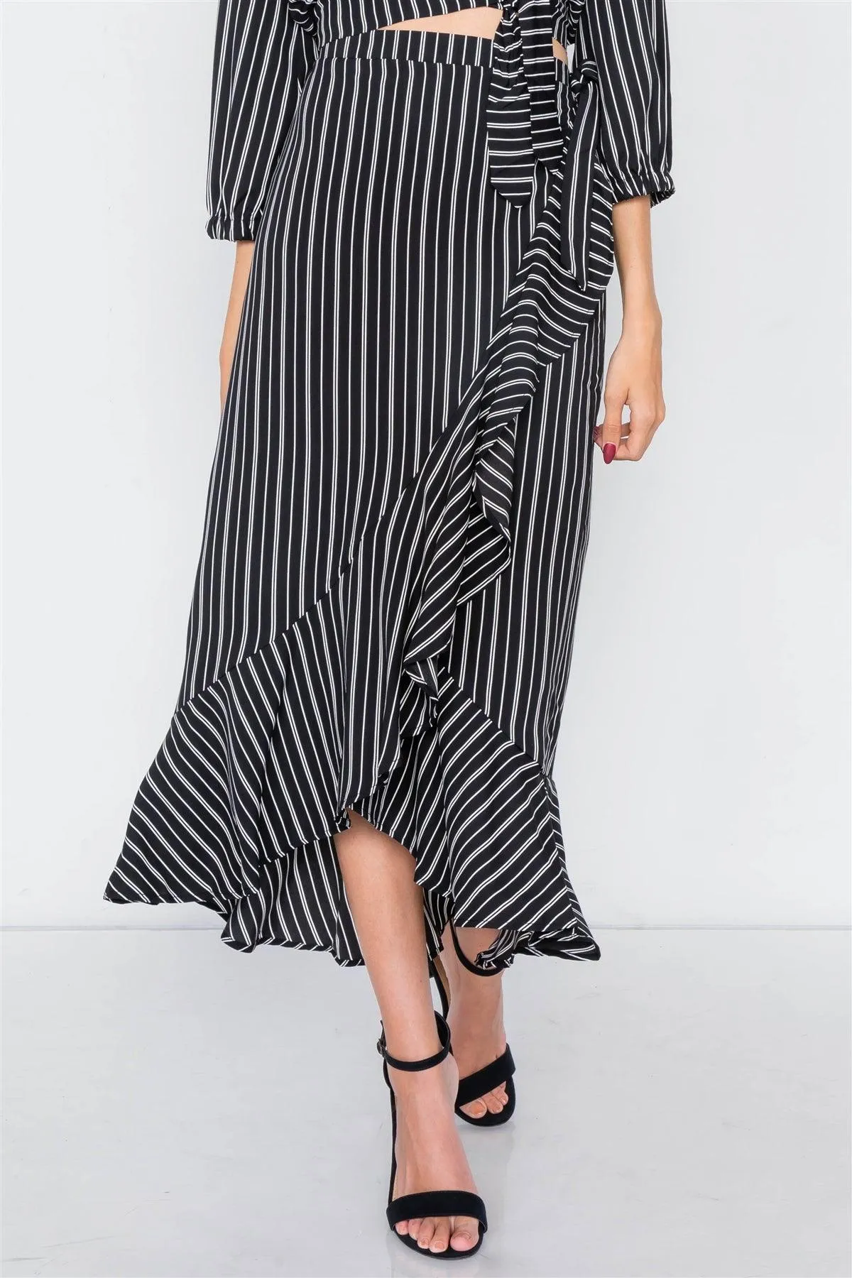 Black & White Stripe Crop V-Neck & Mock Wrap Midi Skirt Set /2-2-2