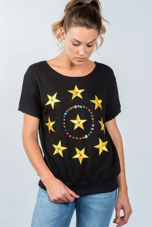 Black And Gold Star Embroidered Textured SweatShirt / 2-2-2