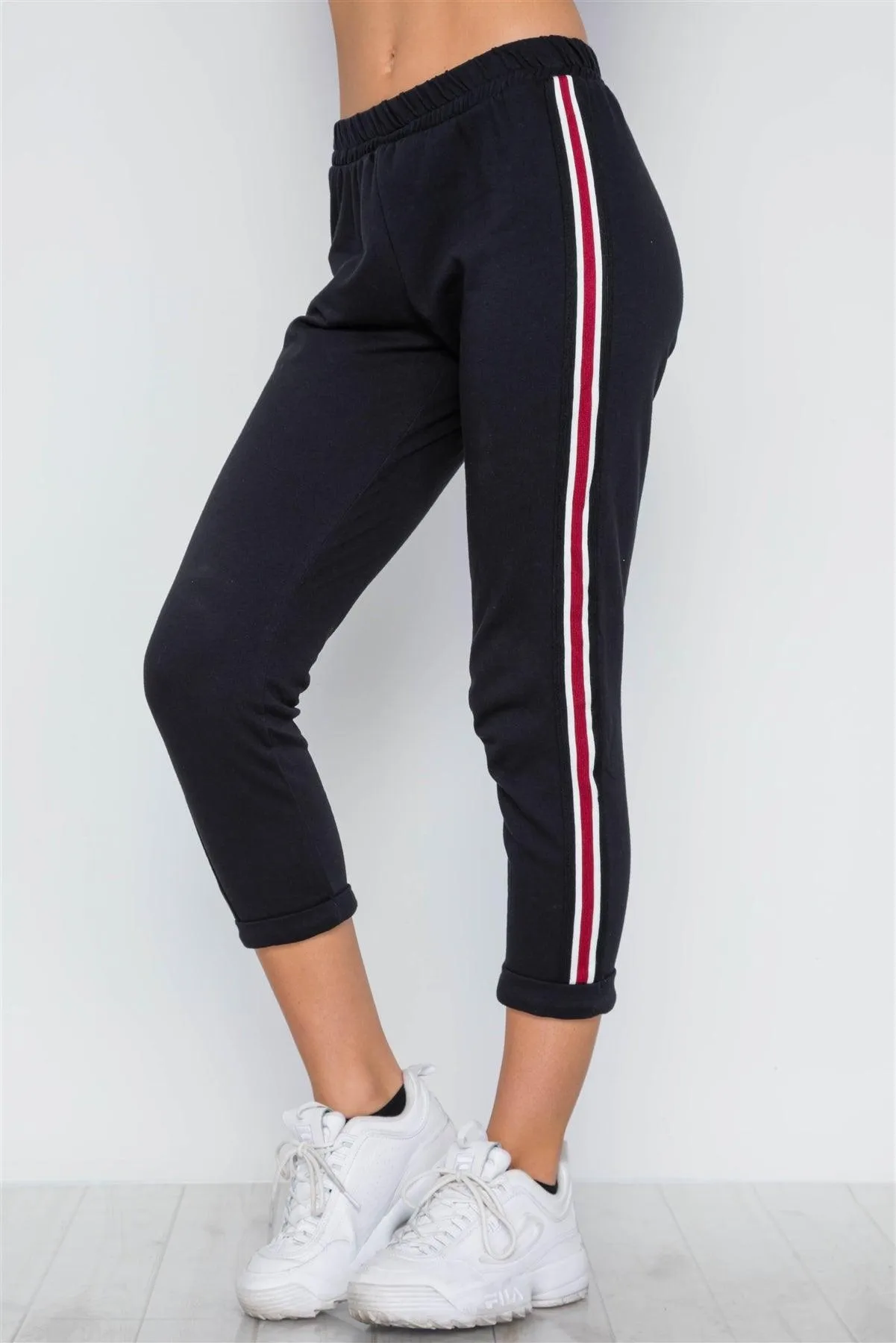 Black Contrast Trim High Waist Sweat Pants /1-2-2