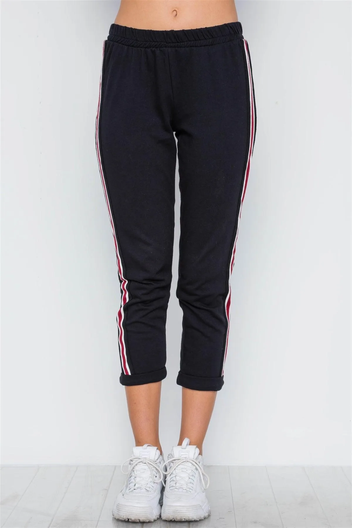 Black Contrast Trim High Waist Sweat Pants /1-2-2