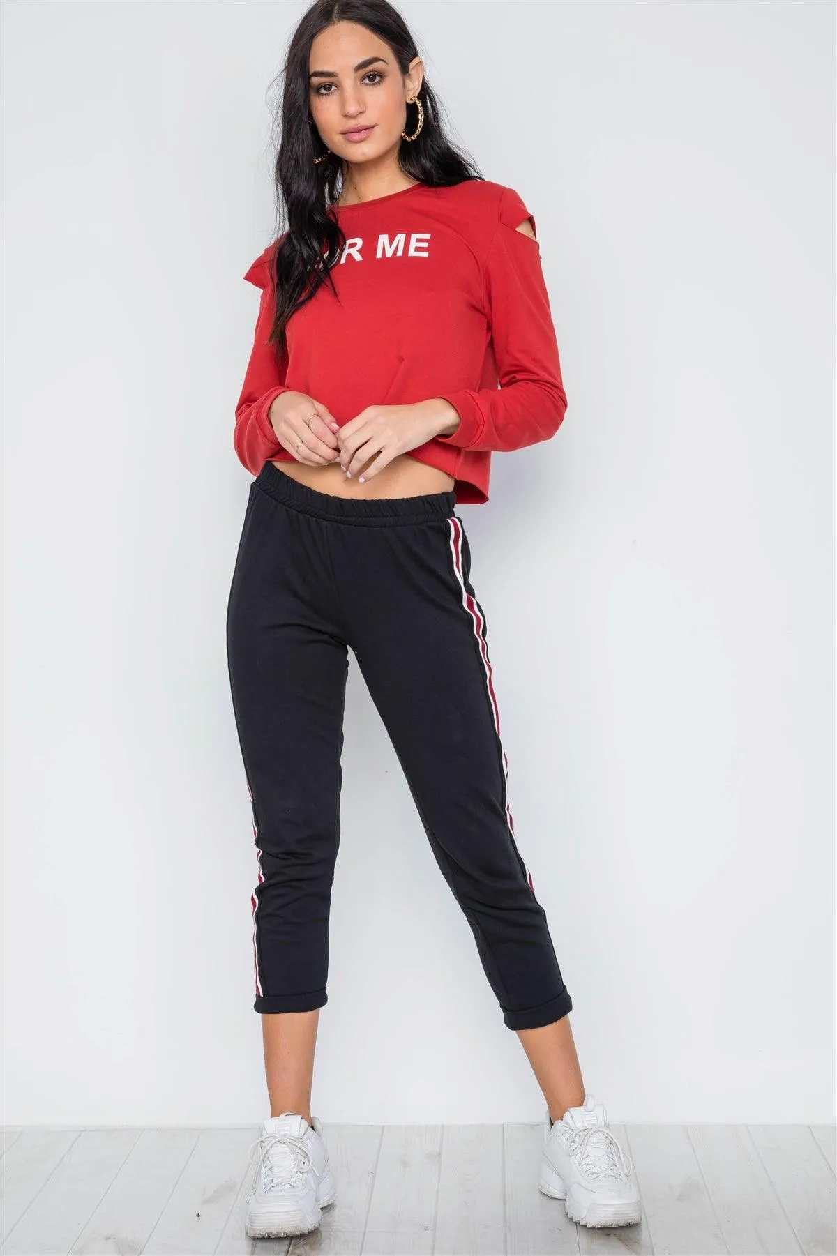 Black Contrast Trim High Waist Sweat Pants /1-2-2