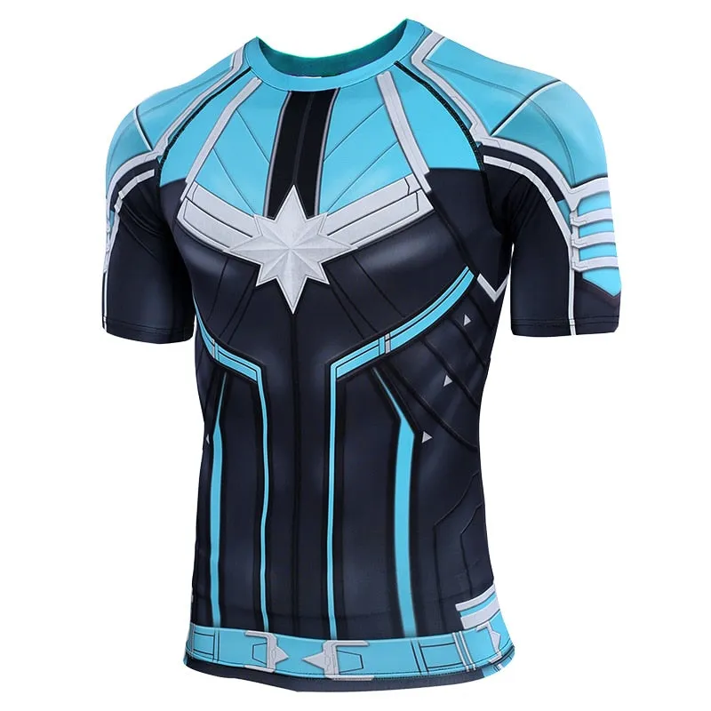 Blue CAPTAIN MARVEL Short Sleeve Compression Shirt for Men