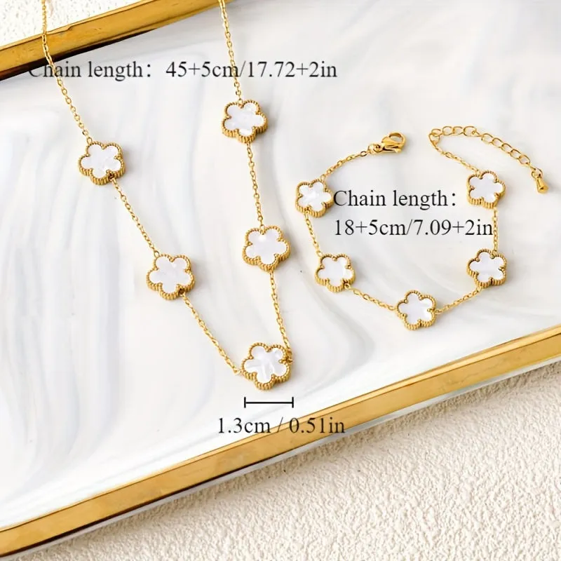 Bracelet & Necklace Chic Jewelry Set 18k Gold Plated Made Of Stainless Steel Luck Flower Design Pick A Color U Prefer Match Daily Outfits Casual Dating Decor