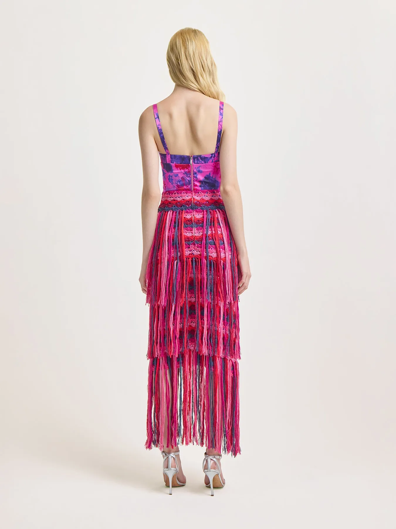 Bustier Dress with Crochet Fringe in Fuchsia Ice Dye Print