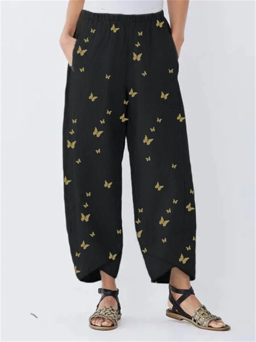 Butterflies Print Irregular Elastic Waist Pants For Women