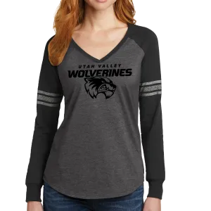 District Women’s Game Long Sleeve V-Neck Tee- Combo Under Wolverines