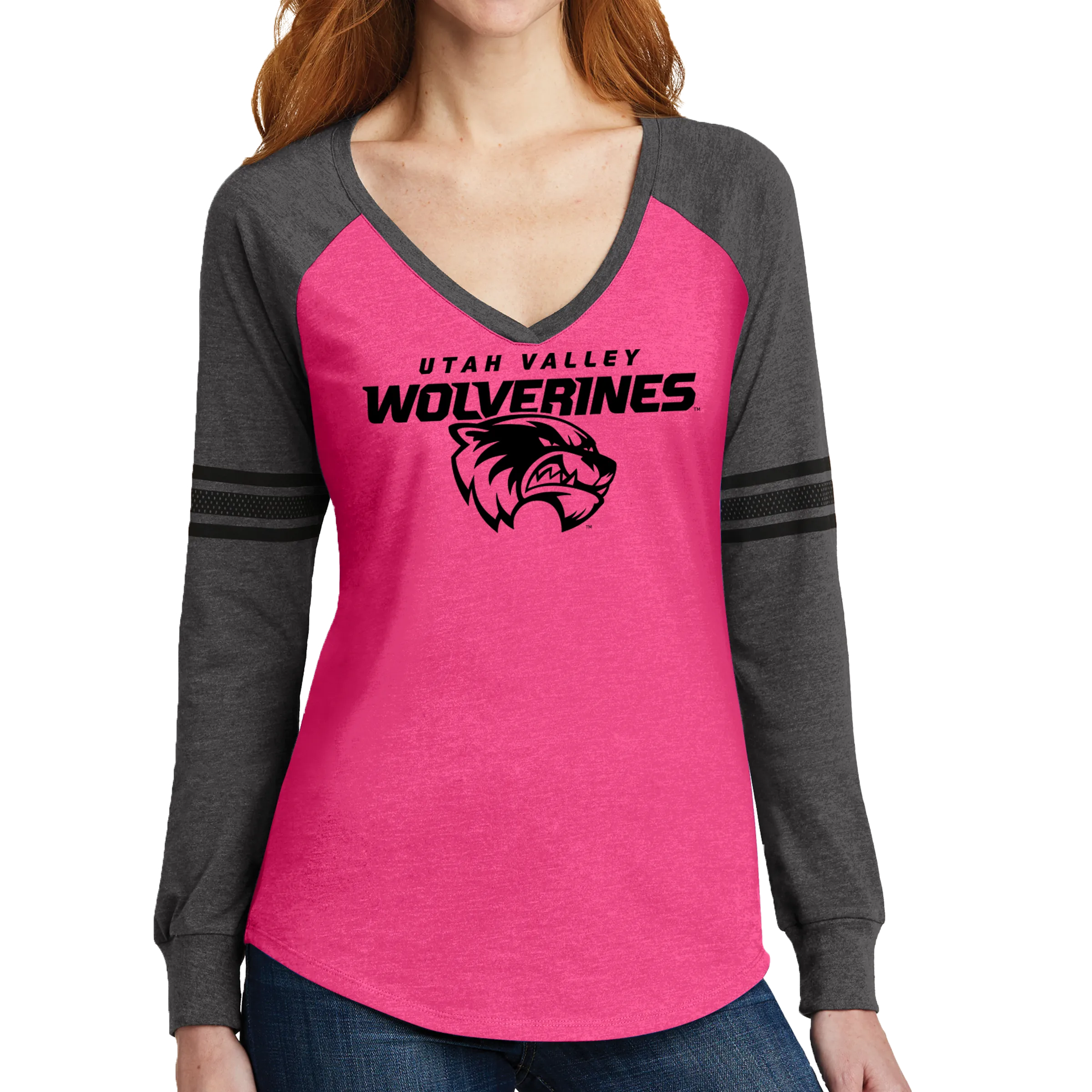 District Women’s Game Long Sleeve V-Neck Tee- Combo Under Wolverines