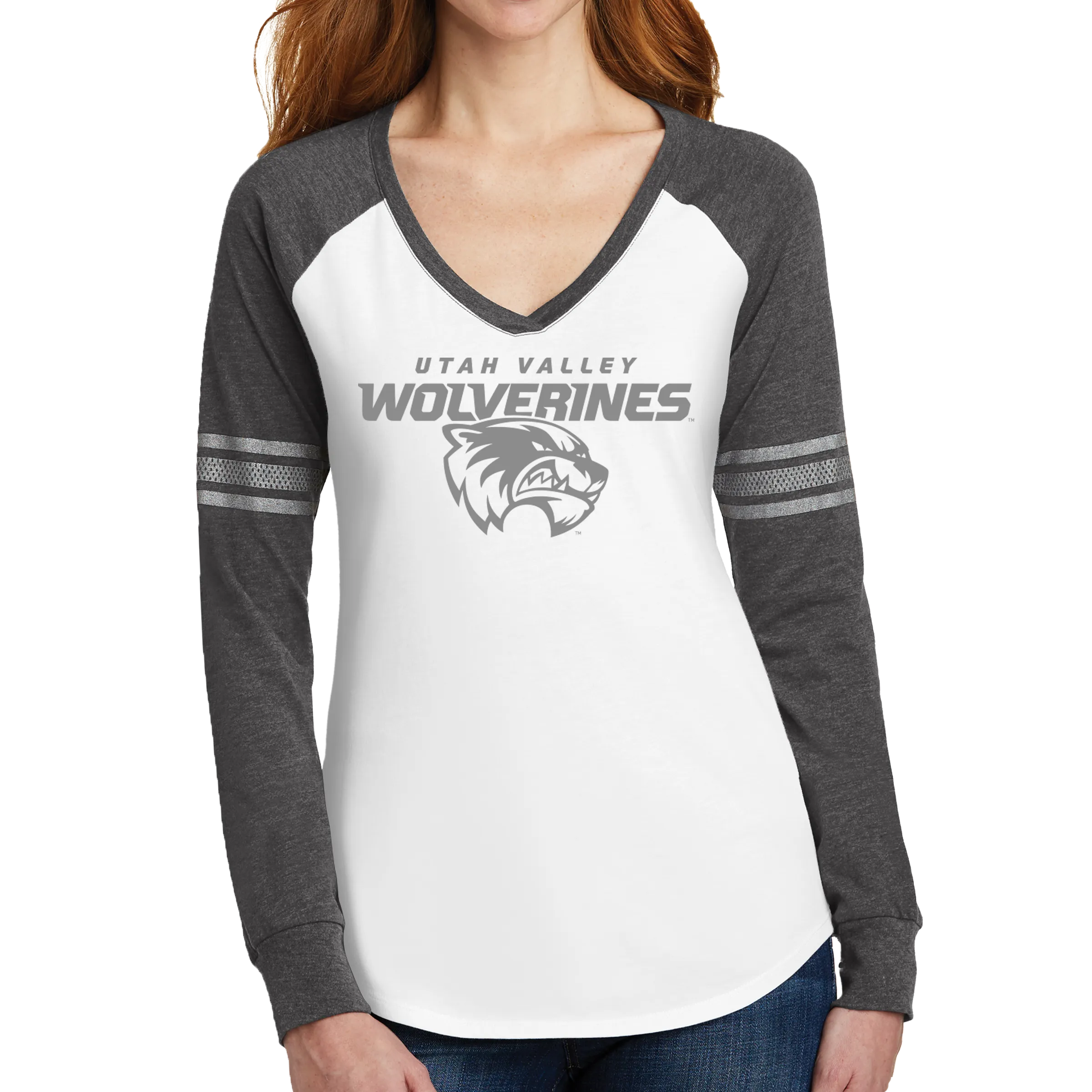 District Women’s Game Long Sleeve V-Neck Tee- Combo Under Wolverines