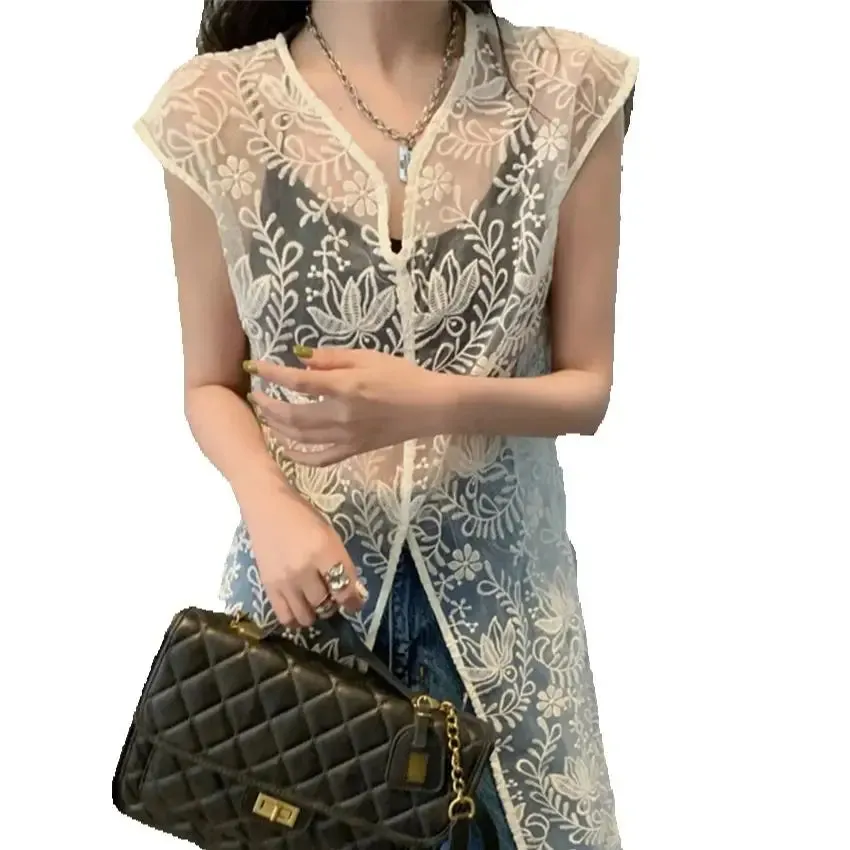 Girlary Apricot Women Vest Dress Hook Flowers Women 2024 Summer Casual Sweet Mujer OL Chic Lace Hollow Out Slim New Office Lady