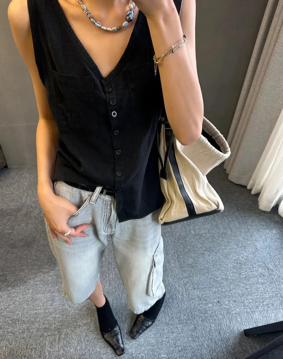 Girlary Casual Women Thin Cotton Summer Vest 2024 New V-neck Pocket Single Breasted Office Lady Tank Beige Black Fashion Sleeveless Top