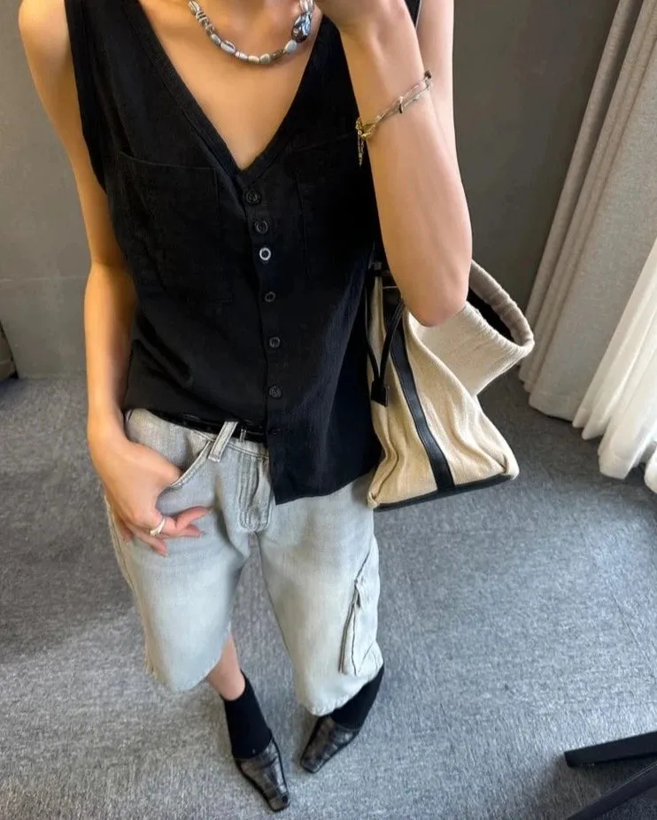 Girlary Casual Women Thin Cotton Summer Vest 2024 New V-neck Pocket Single Breasted Office Lady Tank Beige Black Fashion Sleeveless Top