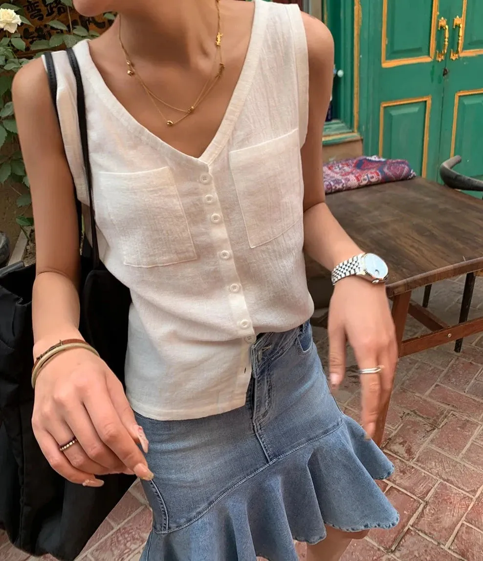 Girlary Casual Women Thin Cotton Summer Vest 2024 New V-neck Pocket Single Breasted Office Lady Tank Beige Black Fashion Sleeveless Top